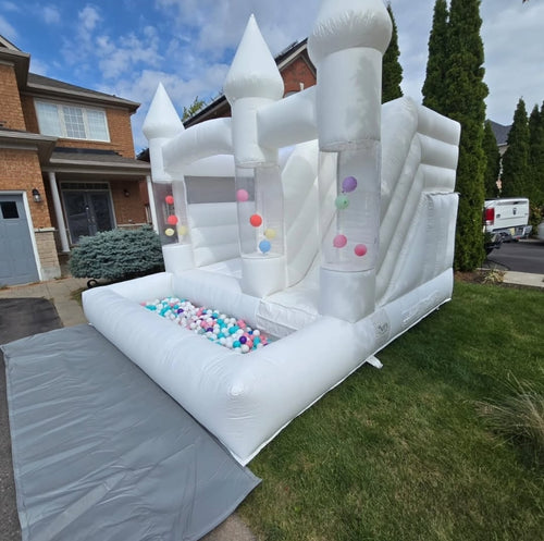 12ft White Bouncy Castle + Attached Ballpit +Slide & Customisable Ballpit