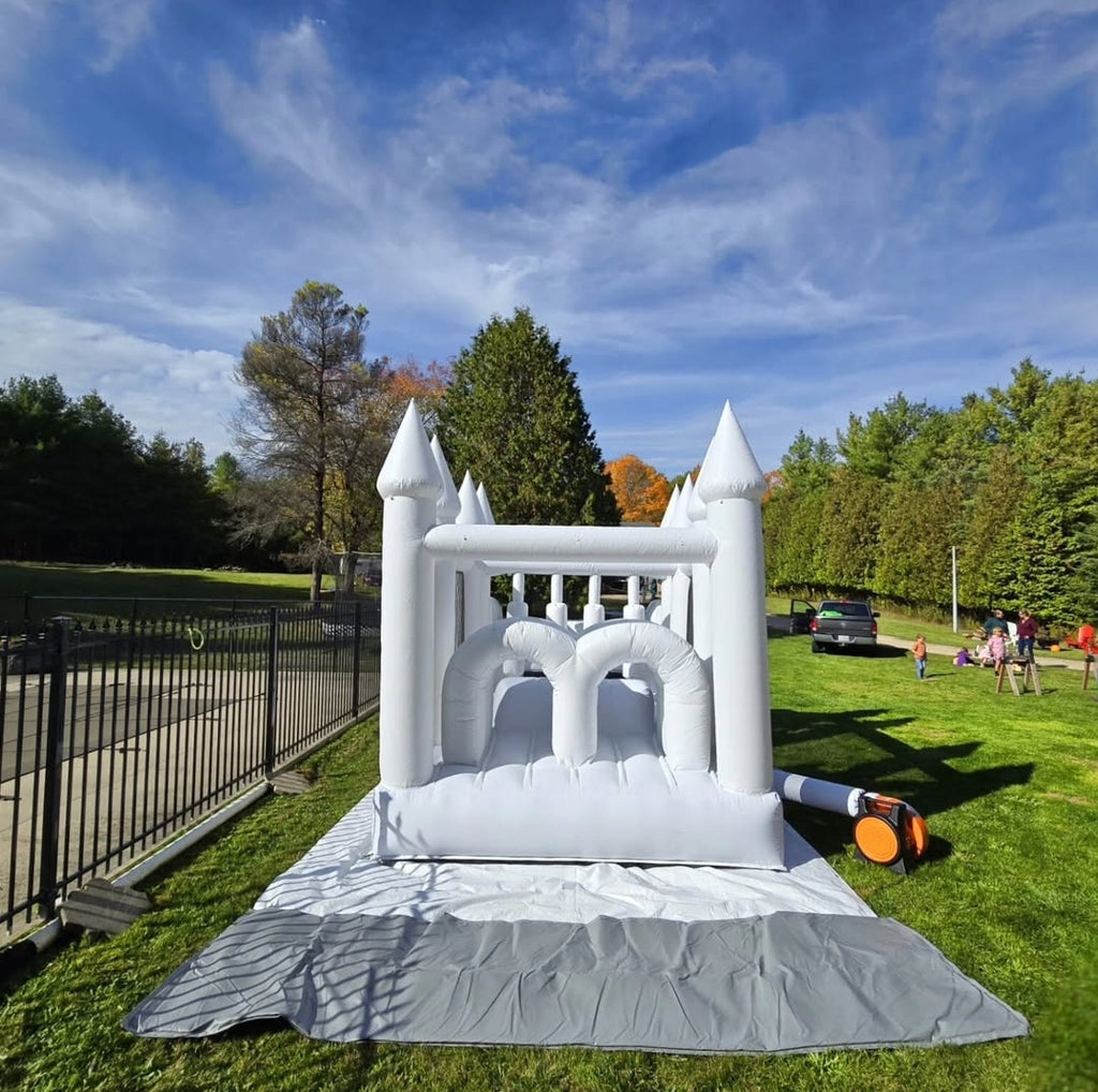 White Obstacle Course + Attached Ballpit and Slide