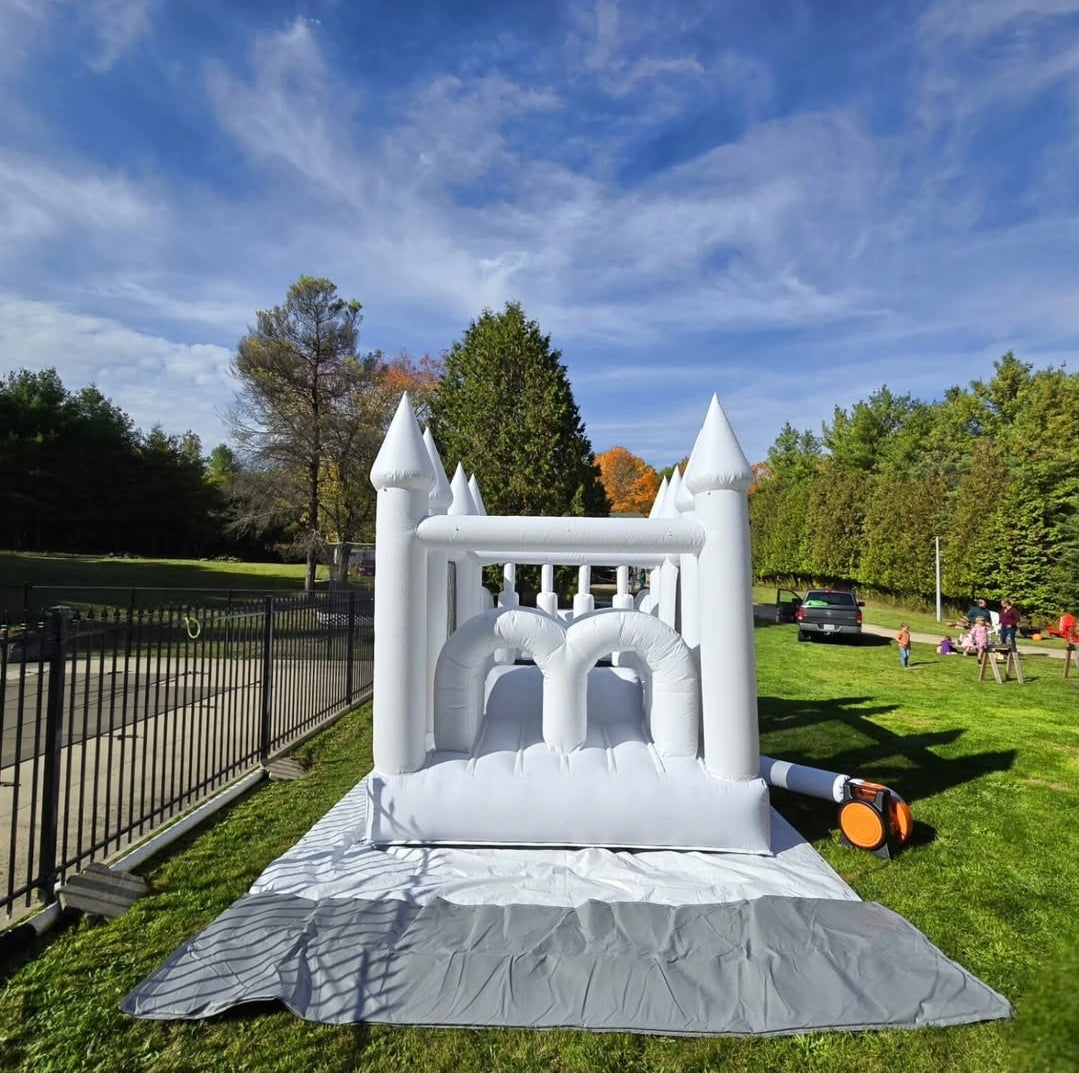 White Obstacle Course + Attached Ballpit and Slide
