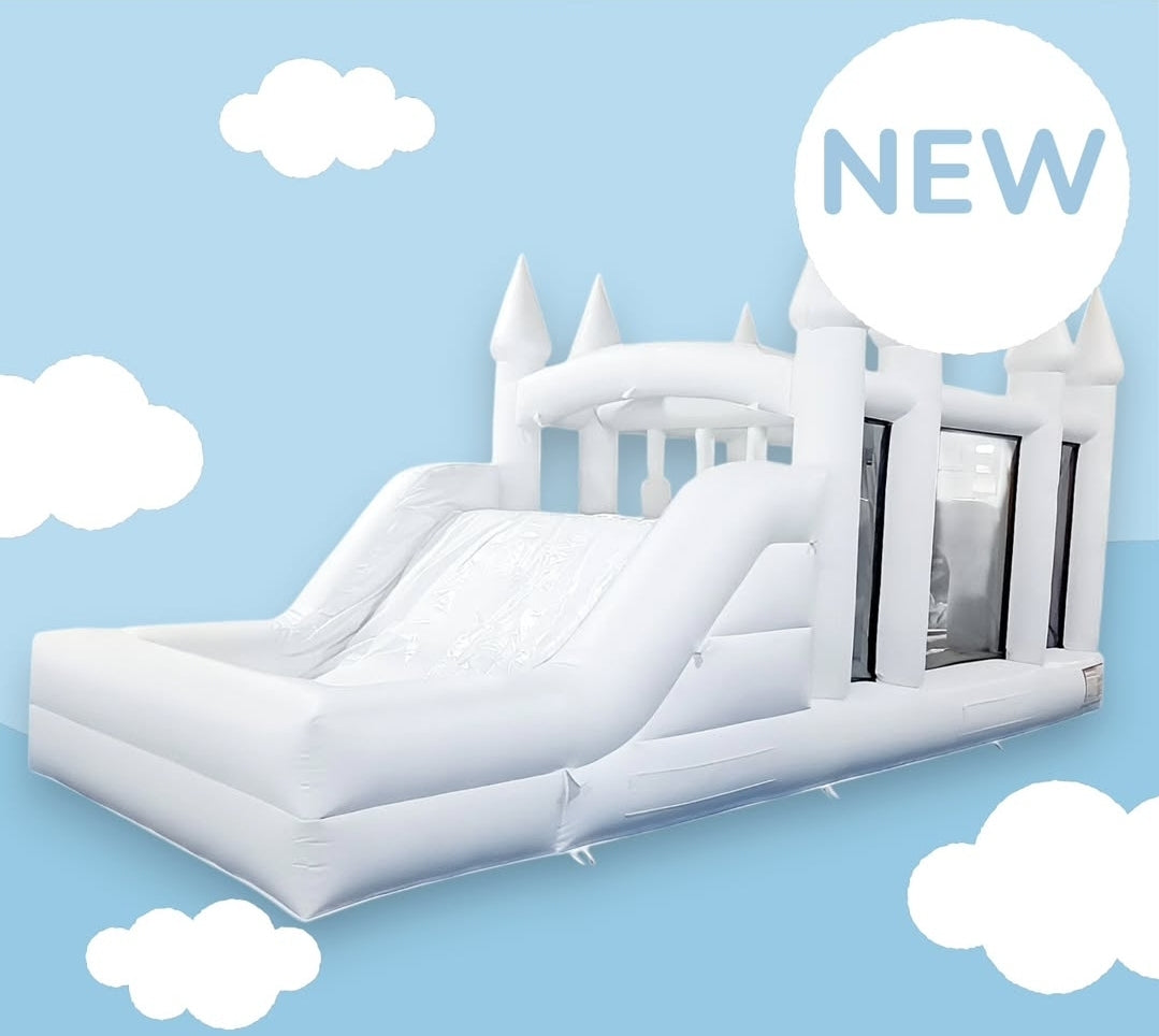 White Obstacle Course + Attached Ballpit and Slide