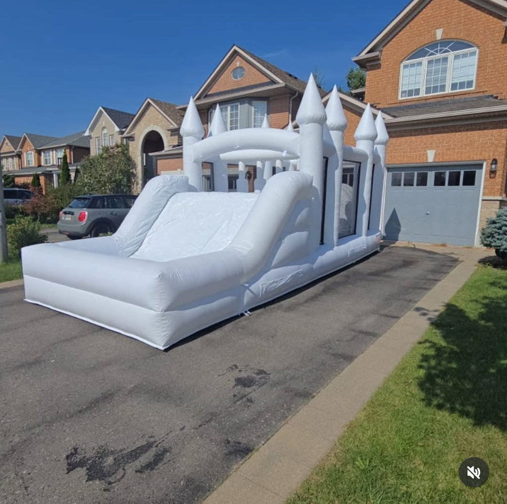 White Obstacle Course + Attached Ballpit and Slide