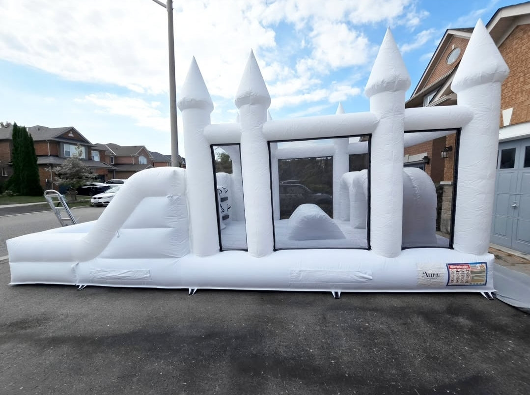 White Obstacle Course + Attached Ballpit and Slide