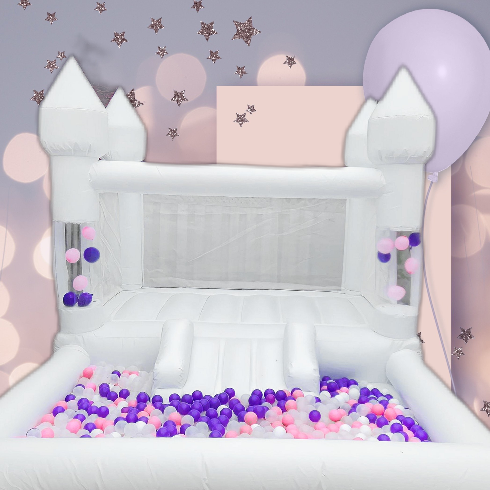 10ft White Balloon Pillar Bounce House with Ballpit