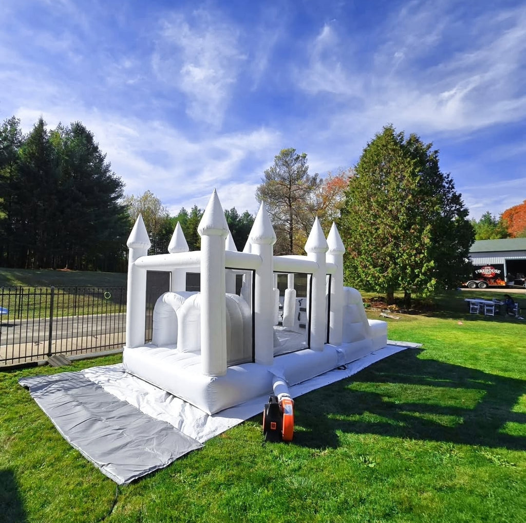 White Obstacle Course + Attached Ballpit and Slide