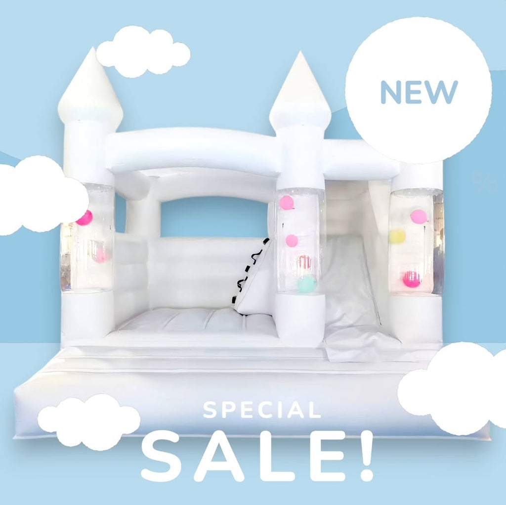 12ft White Bouncy Castle + Attached Ballpit +Slide & Customisable Ballpit