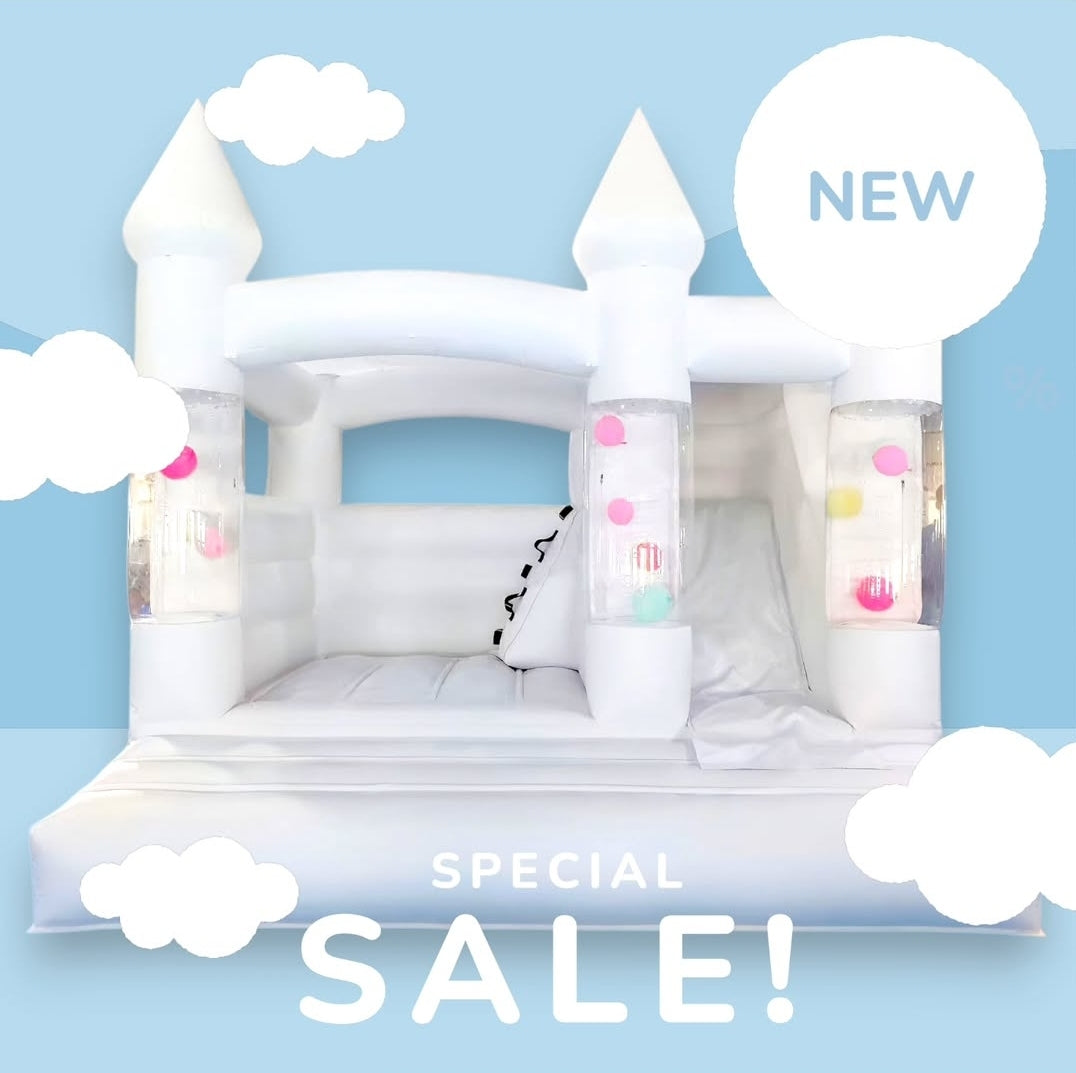 12ft White Bouncy Castle + Attached Ballpit +Slide & Customisable Ballpit