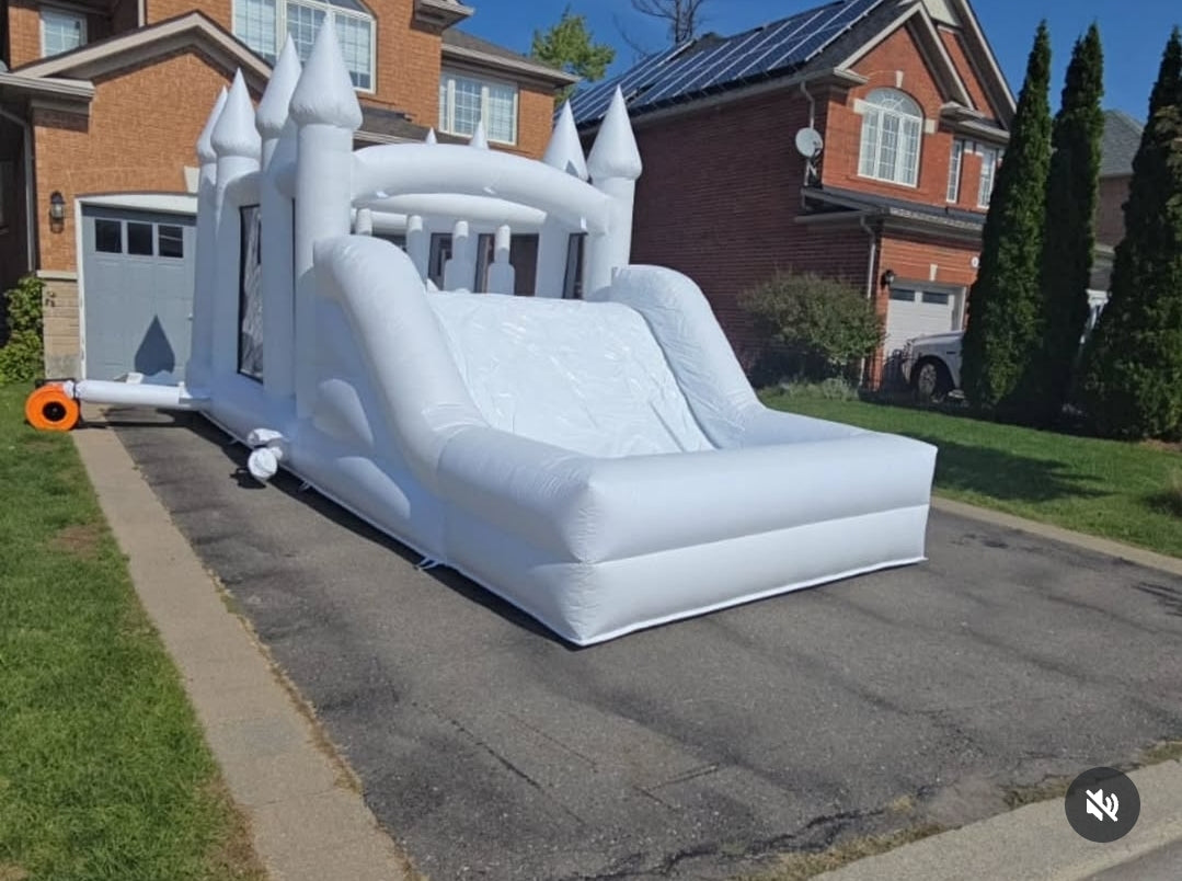 White Obstacle Course + Attached Ballpit and Slide